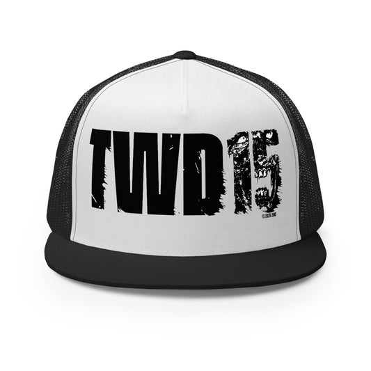 Front view of The Walking Dead 15th anniversary trucker hat featuring the embroidered TWD15 logo on a structured black panel