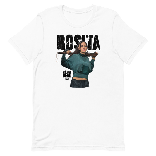 The Walking Dead Rosita adult short sleeve t-shirt in white, front view showing graphic